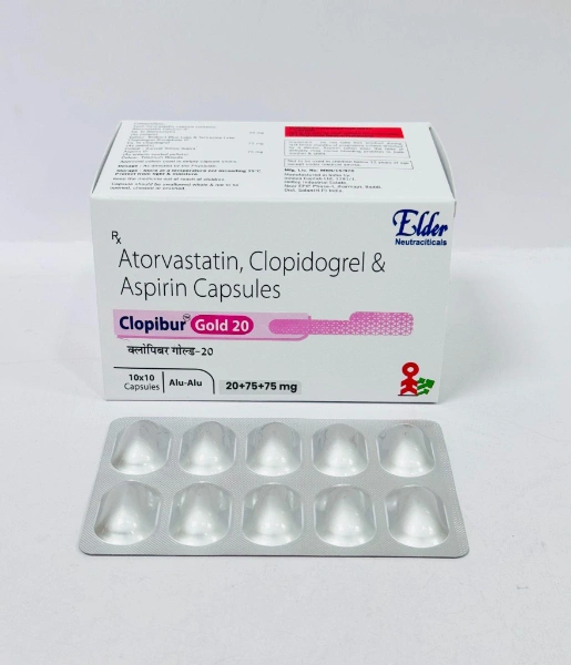 Clopibur Gold 20 - Atorvastatin, Clopidogrel & Aspirin Capsules (10+75+75mg)