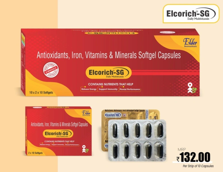 Elcorich 4G Omega - Omega-3 Marine Triglycerides, Green Tea Extract, Ginkgo Dry Extract, Ginseng Dry Extract, Grape Seed Extract, Antioxidants, Vitamins, Minerals & Trace Elements Capsules